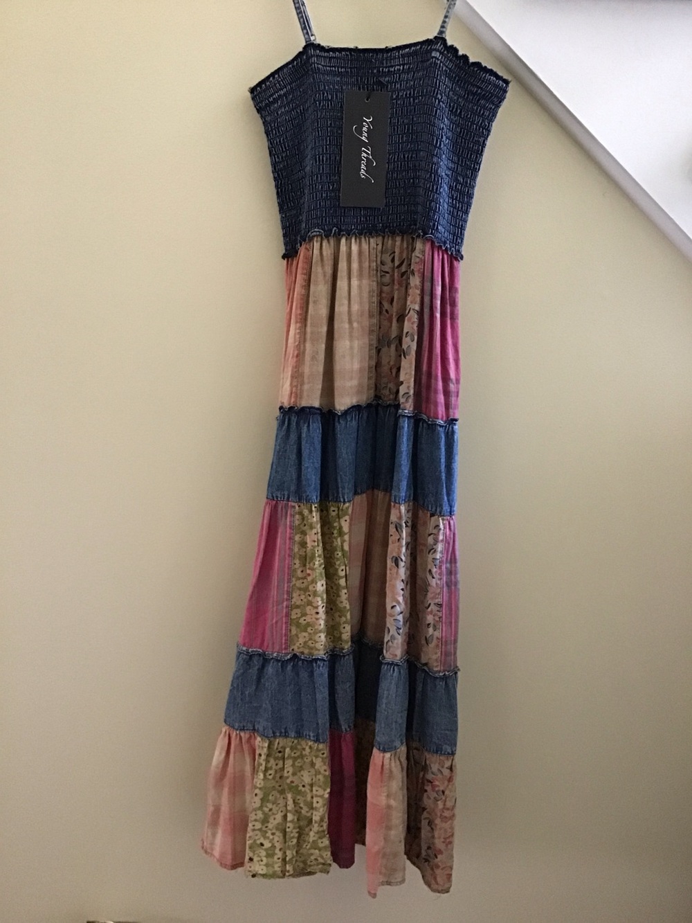 YOUNG THREADS NWT DRESS Maxi Ruched Denim Plaid Size Small